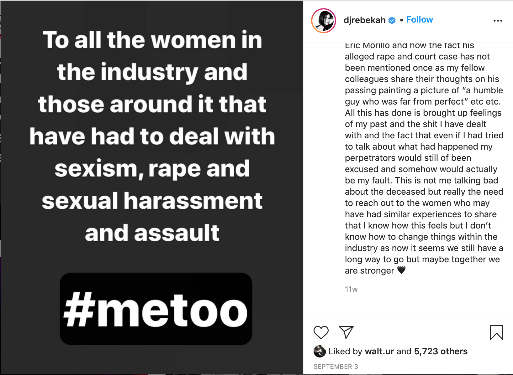 Instagram post van dj Rebekah over seksueel misbruik in de (dans)muziekindustrie.